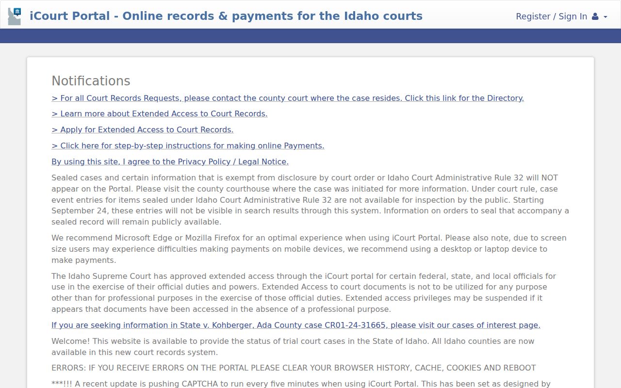 Cassia County criminal case search through Idaho iCourt